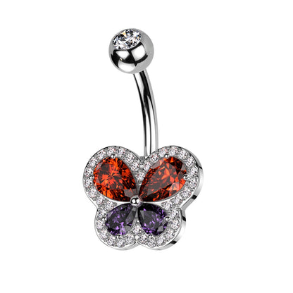 Red and Purple CZ Crystal Butterfly Belly Button Ring - 316L Stainless Steel