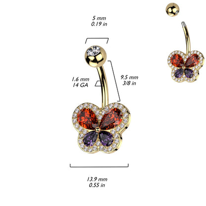 Red and Purple CZ Crystal Butterfly Belly Button Ring - 316L Stainless Steel