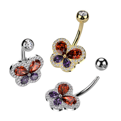 Red and Purple CZ Crystal Butterfly Belly Button Ring - 316L Stainless Steel