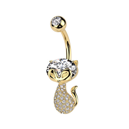 CZ Crystal Paved Cat Belly Button Ring - 316L Stainless Steel