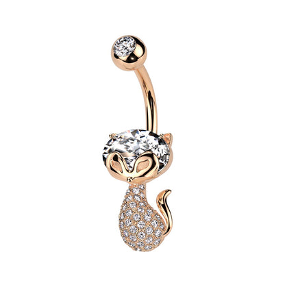 CZ Crystal Paved Cat Belly Button Ring - 316L Stainless Steel