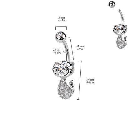 CZ Crystal Paved Cat Belly Button Ring - 316L Stainless Steel