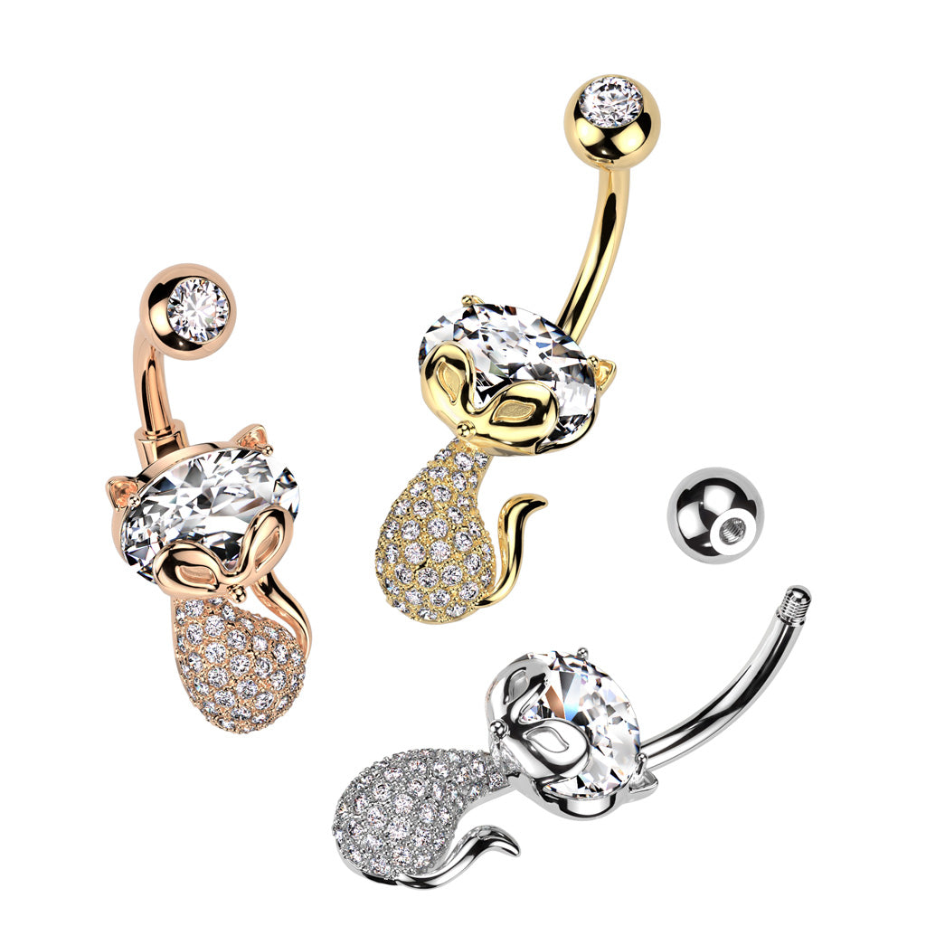 CZ Crystal Paved Cat Belly Button Ring - 316L Stainless Steel