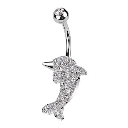 CZ Crystal Paved Dolphin Belly Button Ring - 316L Stainless Steel