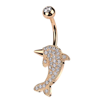 CZ Crystal Paved Dolphin Belly Button Ring - 316L Stainless Steel