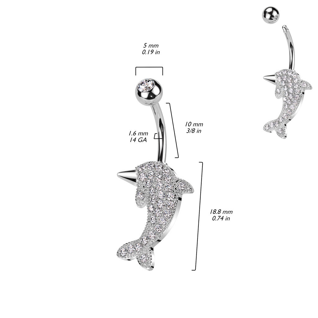 CZ Crystal Paved Dolphin Belly Button Ring - 316L Stainless Steel