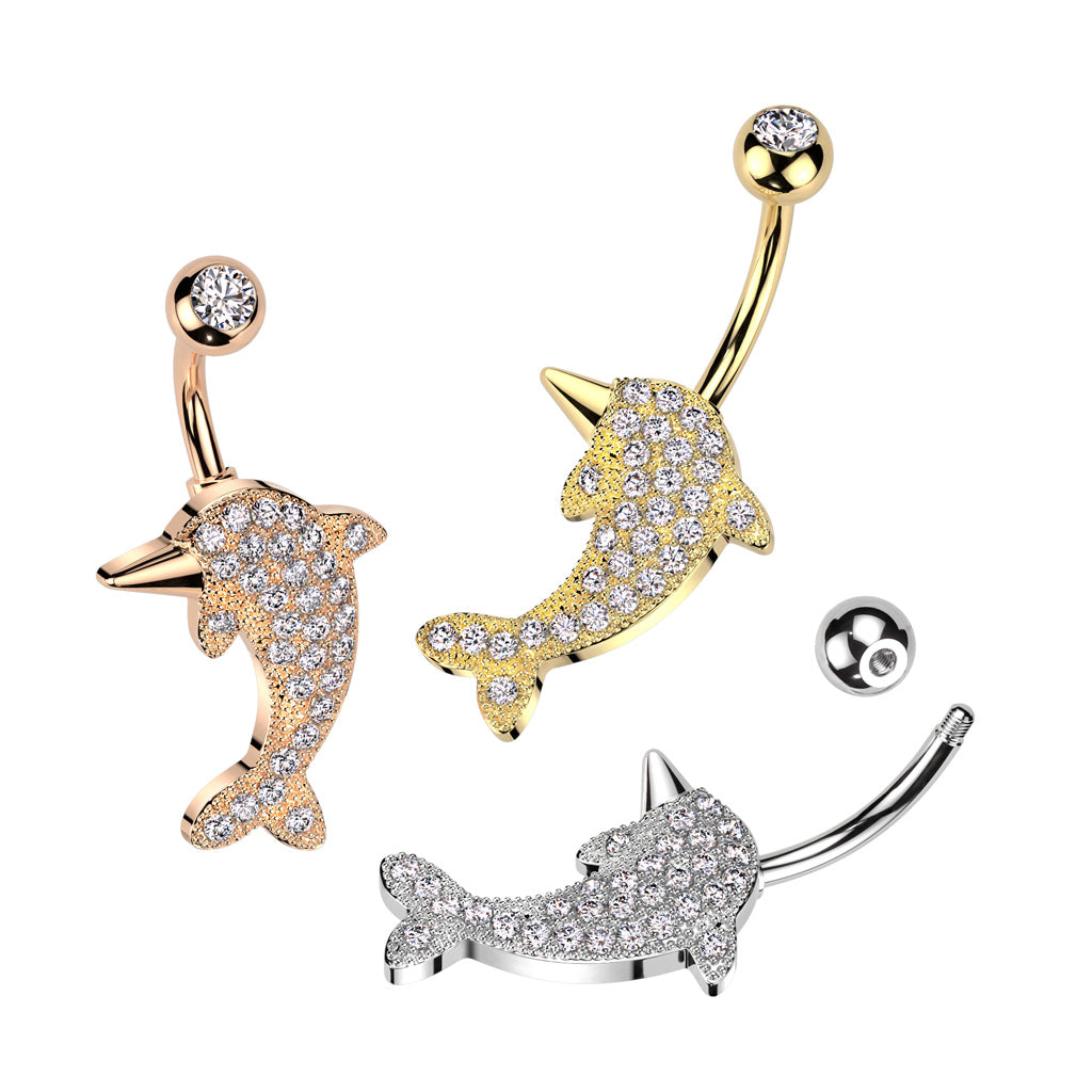 CZ Crystal Paved Dolphin Belly Button Ring - 316L Stainless Steel