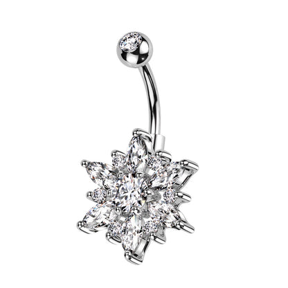 CZ Crystal Flower with Marquise Petals Belly Button Ring - 316L Stainless Steel