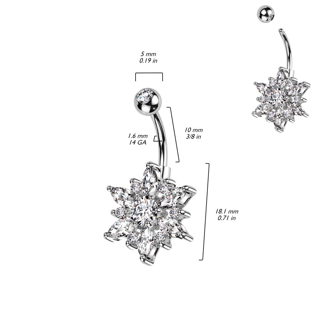 CZ Crystal Flower with Marquise Petals Belly Button Ring - 316L Stainless Steel