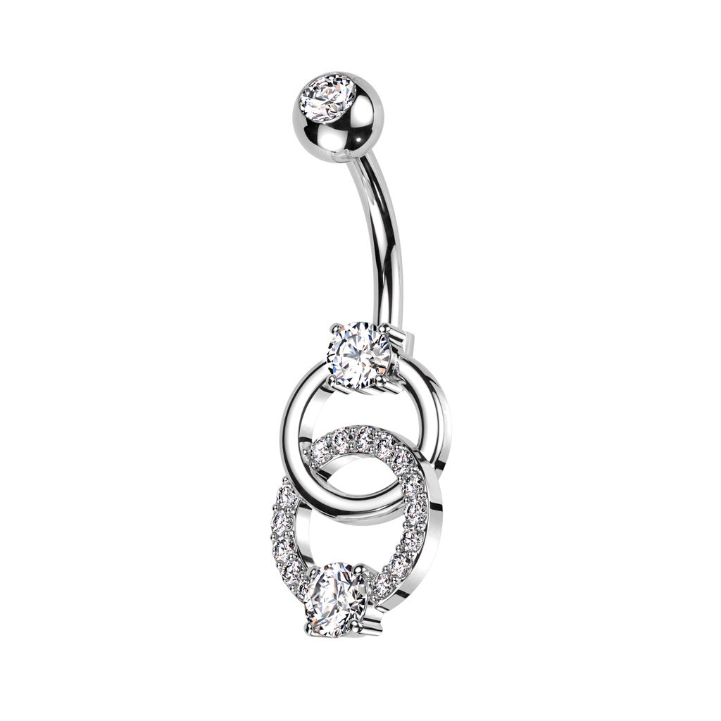 CZ Crystal Double Ring Belly Button Ring - 316L Stainless Steel