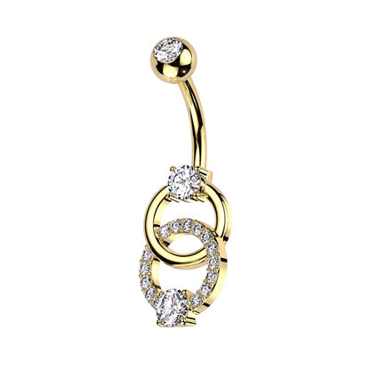 CZ Crystal Double Ring Belly Button Ring - 316L Stainless Steel