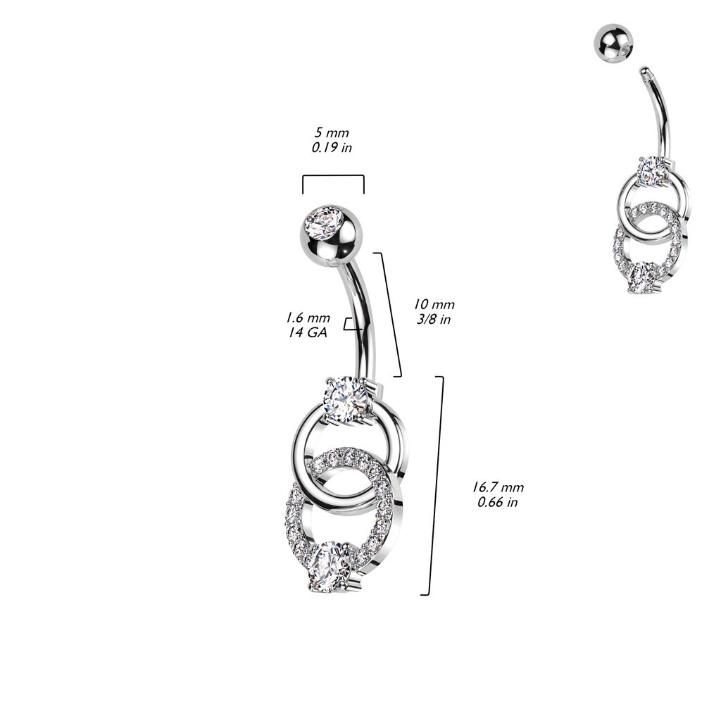 CZ Crystal Double Ring Belly Button Ring - 316L Stainless Steel