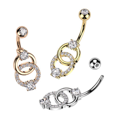 CZ Crystal Double Ring Belly Button Ring - 316L Stainless Steel