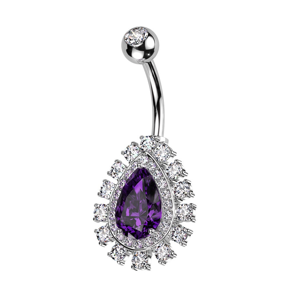 CZ Crystal Lined Teardrop Shaped Belly Button Ring - 316L Stainless Steel