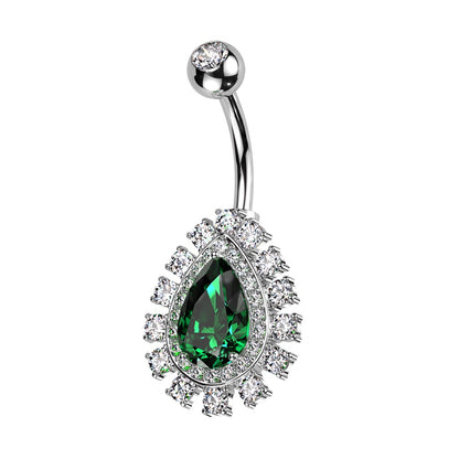 CZ Crystal Lined Teardrop Shaped Belly Button Ring - 316L Stainless Steel