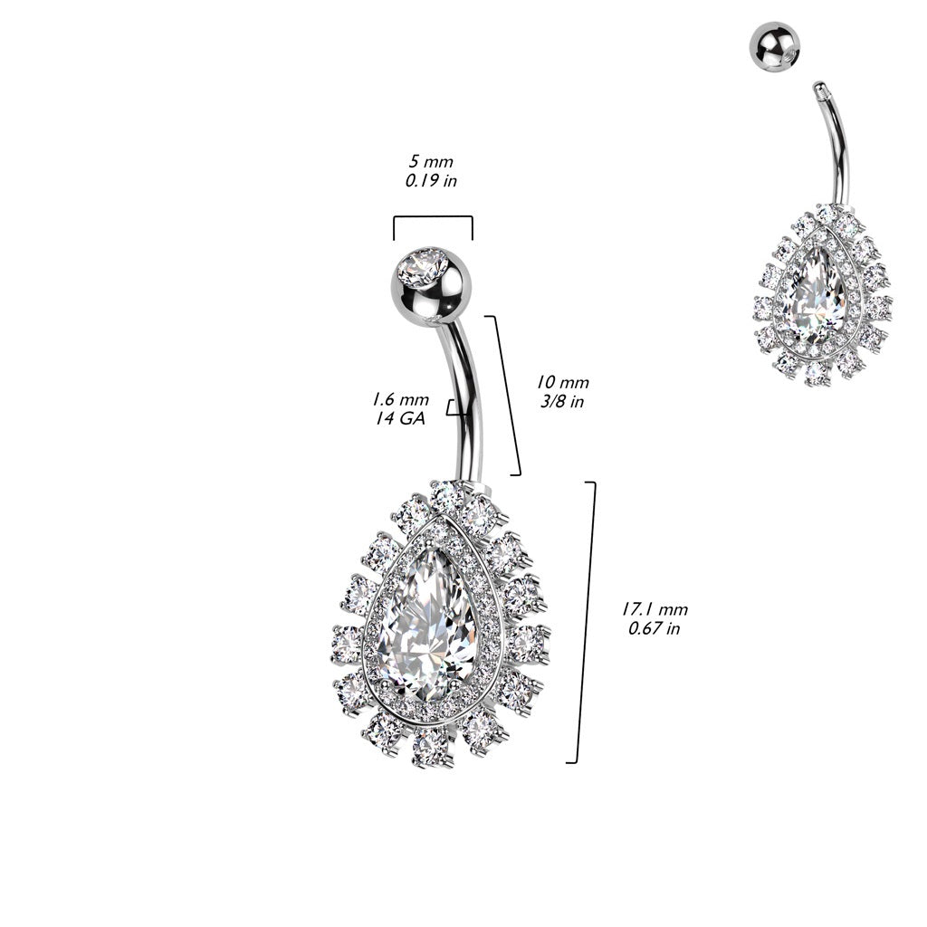 CZ Crystal Lined Teardrop Shaped Belly Button Ring - 316L Stainless Steel