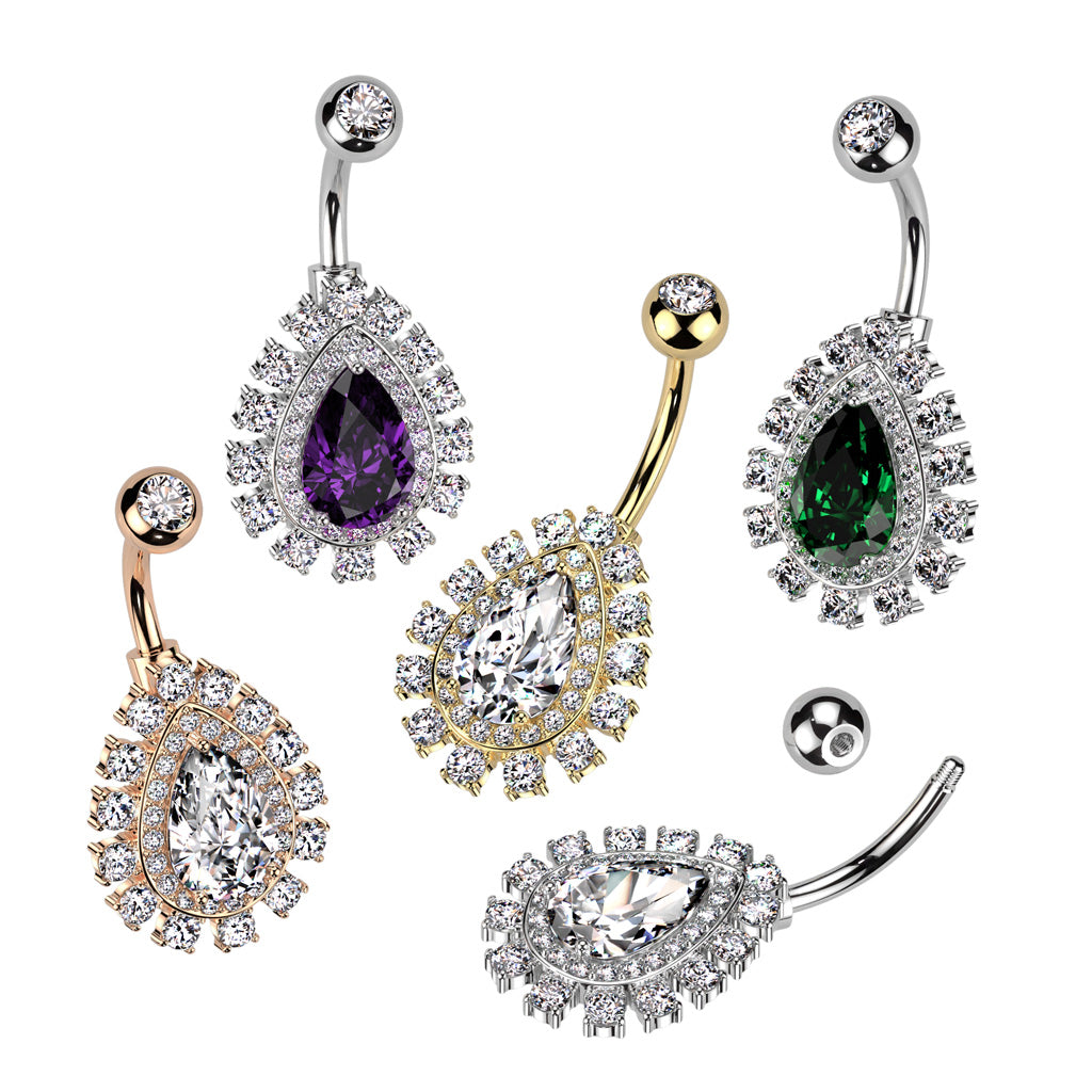 CZ Crystal Lined Teardrop Shaped Belly Button Ring - 316L Stainless Steel