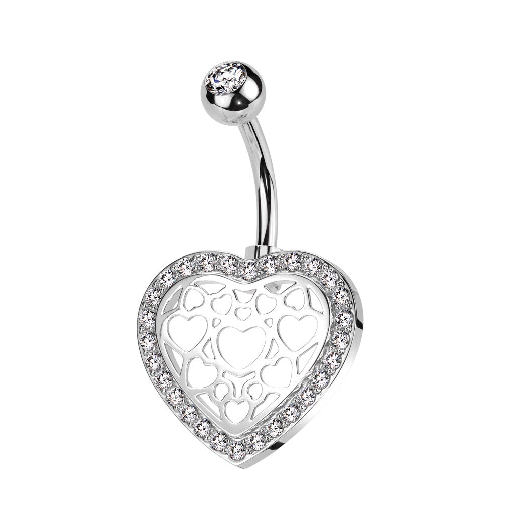 CZ Crystal Lined Hollow Heart Design Belly Button Ring - 316L Stainless Steel