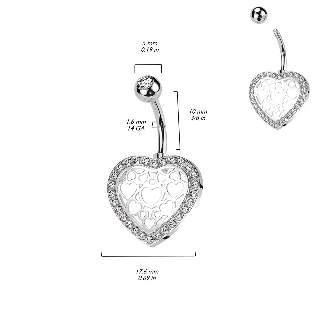 CZ Crystal Lined Hollow Heart Design Belly Button Ring - 316L Stainless Steel