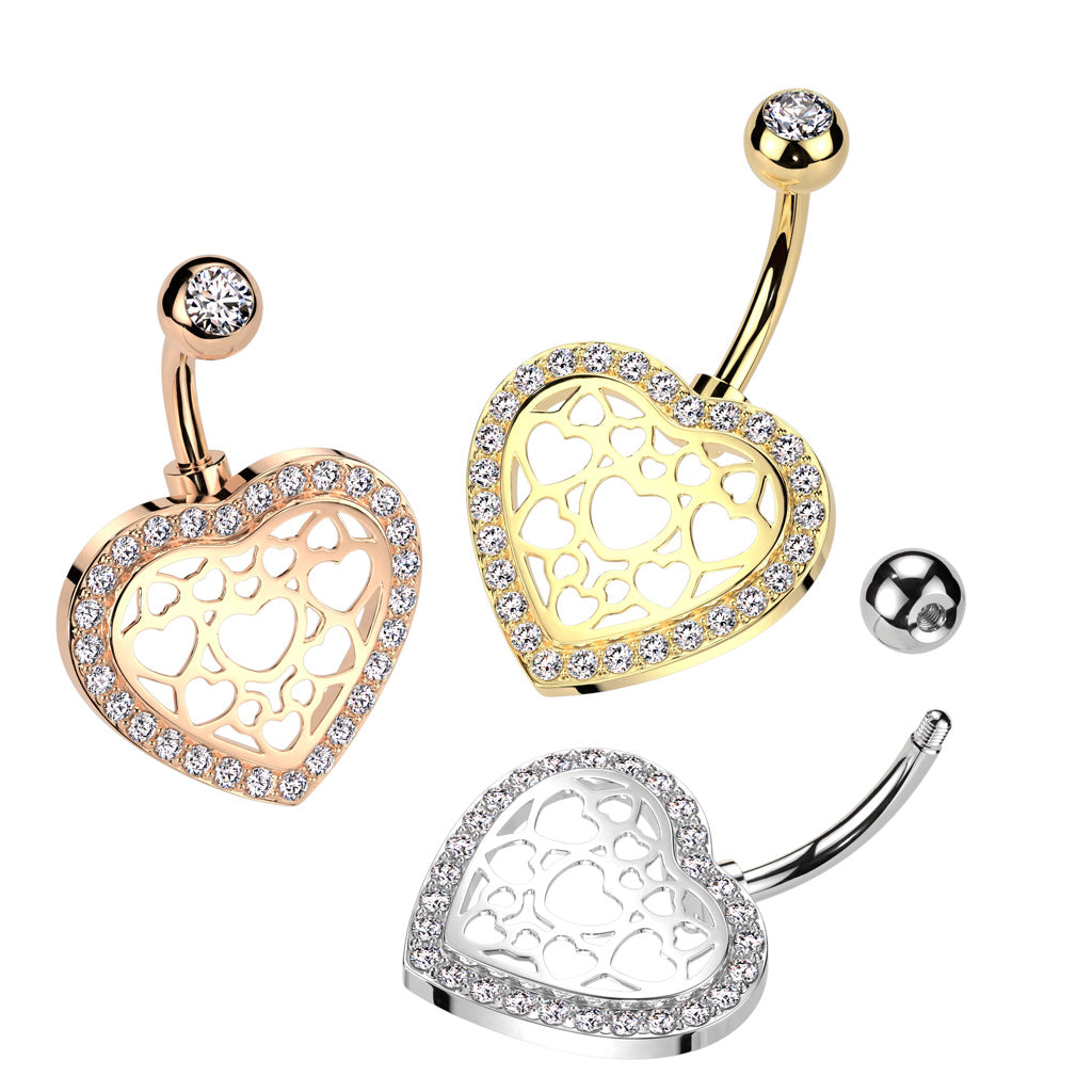 CZ Crystal Lined Hollow Heart Design Belly Button Ring - 316L Stainless Steel