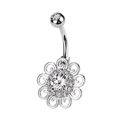 CZ Crystal Filigree Flower Belly Button Ring - 316L Stainless Steel