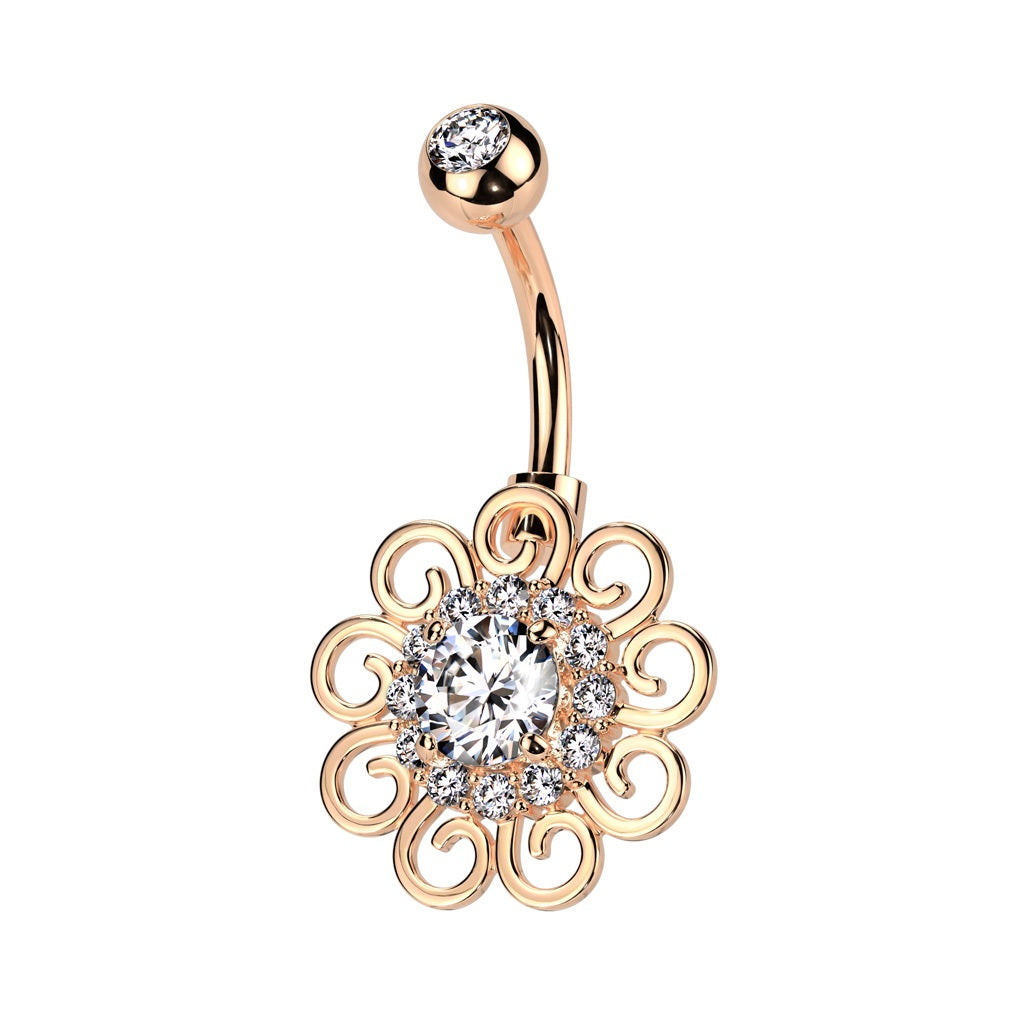 CZ Crystal Filigree Flower Belly Button Ring - 316L Stainless Steel