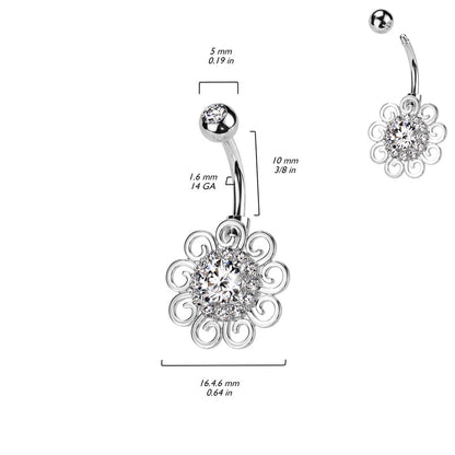 CZ Crystal Filigree Flower Belly Button Ring - 316L Stainless Steel