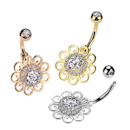 CZ Crystal Filigree Flower Belly Button Ring - 316L Stainless Steel