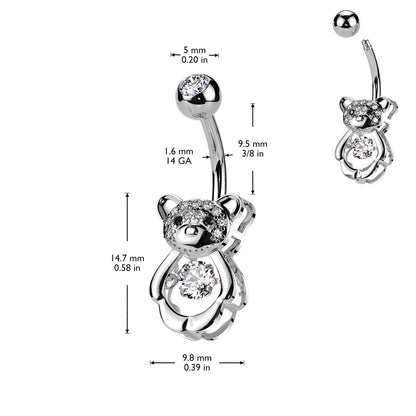 CZ Crystal Hollow Bear Belly Button Ring - 316L Stainless Steel