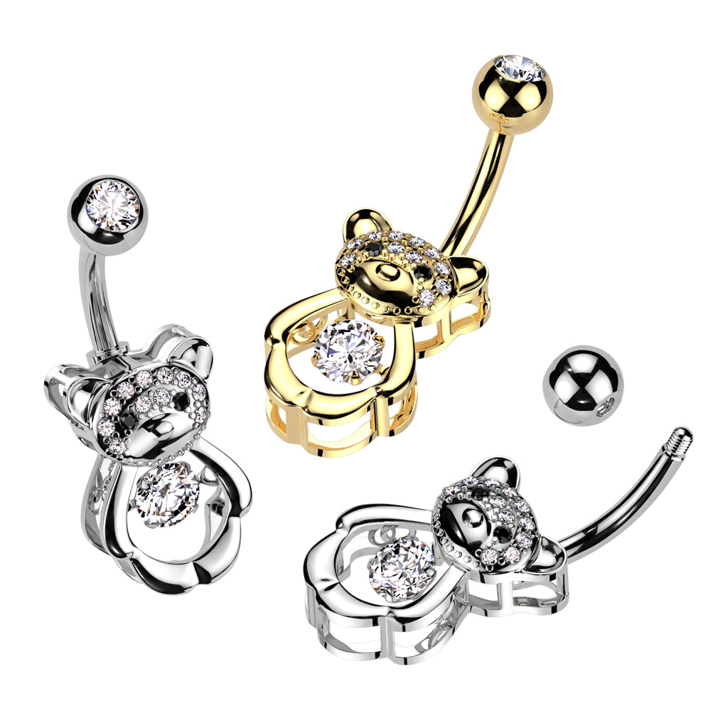 CZ Crystal Hollow Bear Belly Button Ring - 316L Stainless Steel