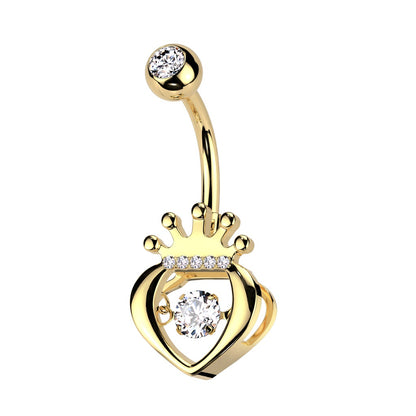 CZ Crystal Hollow Heart with Crown Belly Button Ring - 316L Stainless Steel