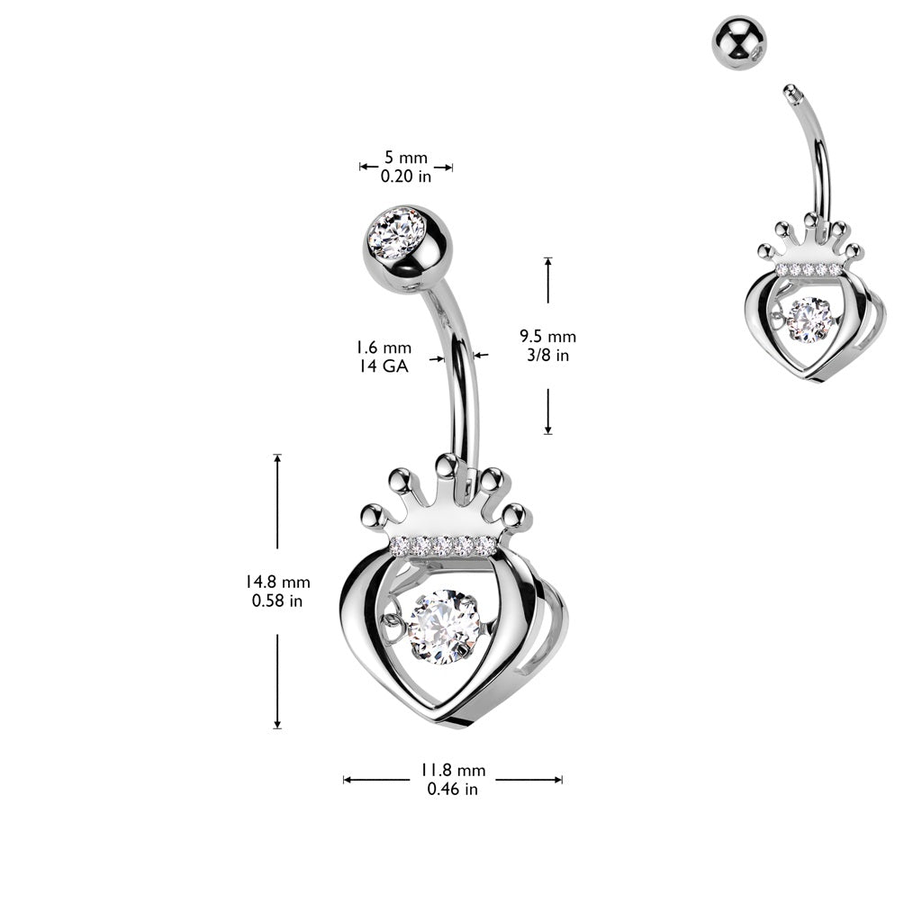 CZ Crystal Hollow Heart with Crown Belly Button Ring - 316L Stainless Steel