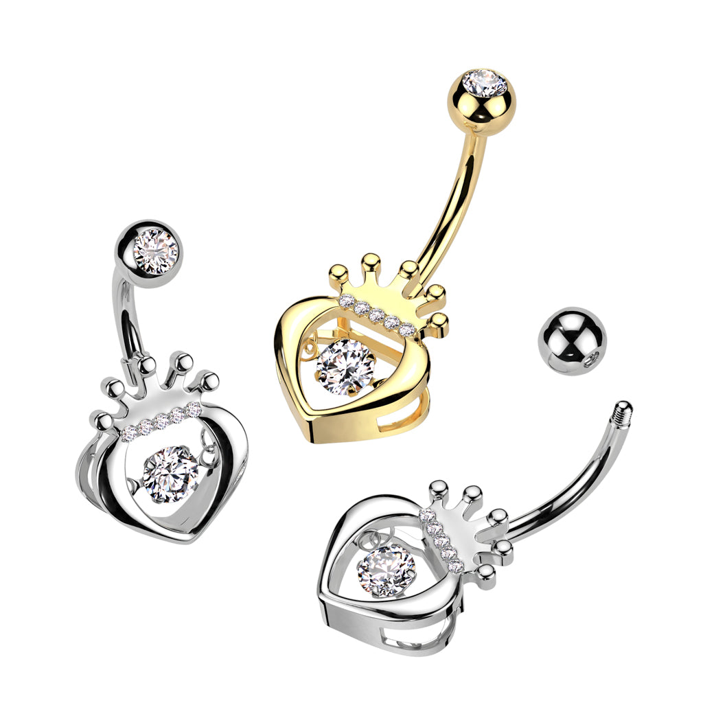 CZ Crystal Hollow Heart with Crown Belly Button Ring - 316L Stainless Steel