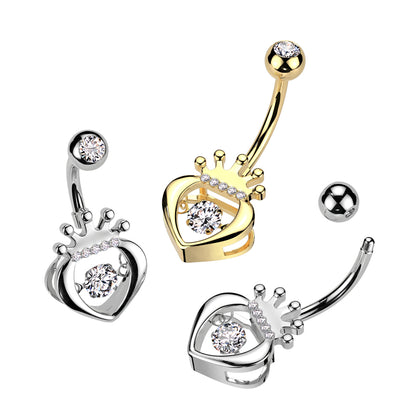 CZ Crystal Hollow Heart with Crown Belly Button Ring - 316L Stainless Steel