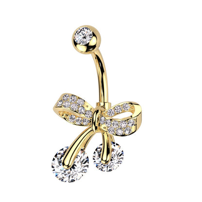 CZ Crystal Paved Bow Ribbon Belly Button Ring - 316L Stainless Steel