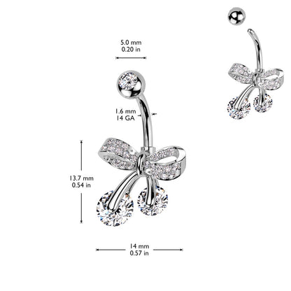 CZ Crystal Paved Bow Ribbon Belly Button Ring - 316L Stainless Steel