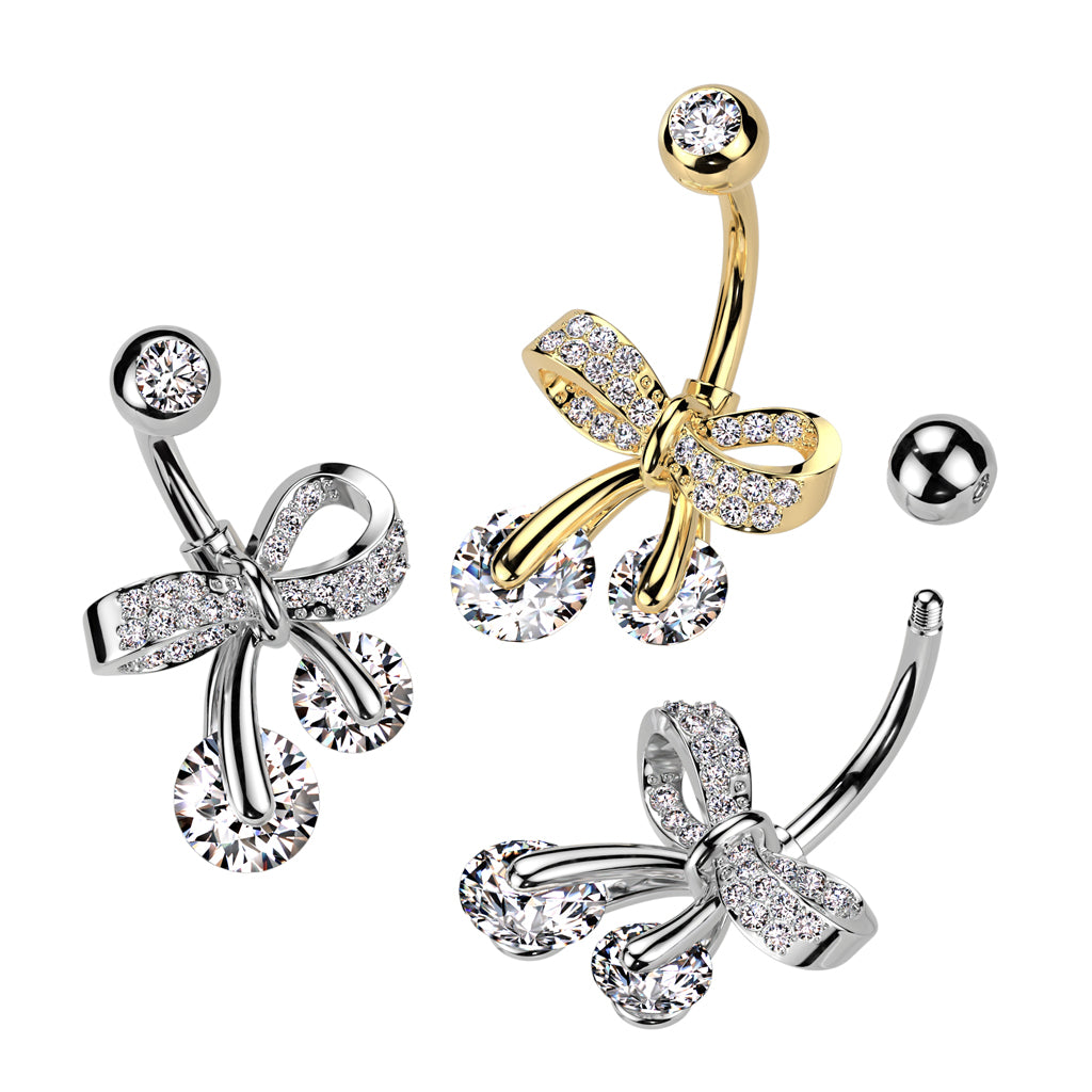 CZ Crystal Paved Bow Ribbon Belly Button Ring - 316L Stainless Steel