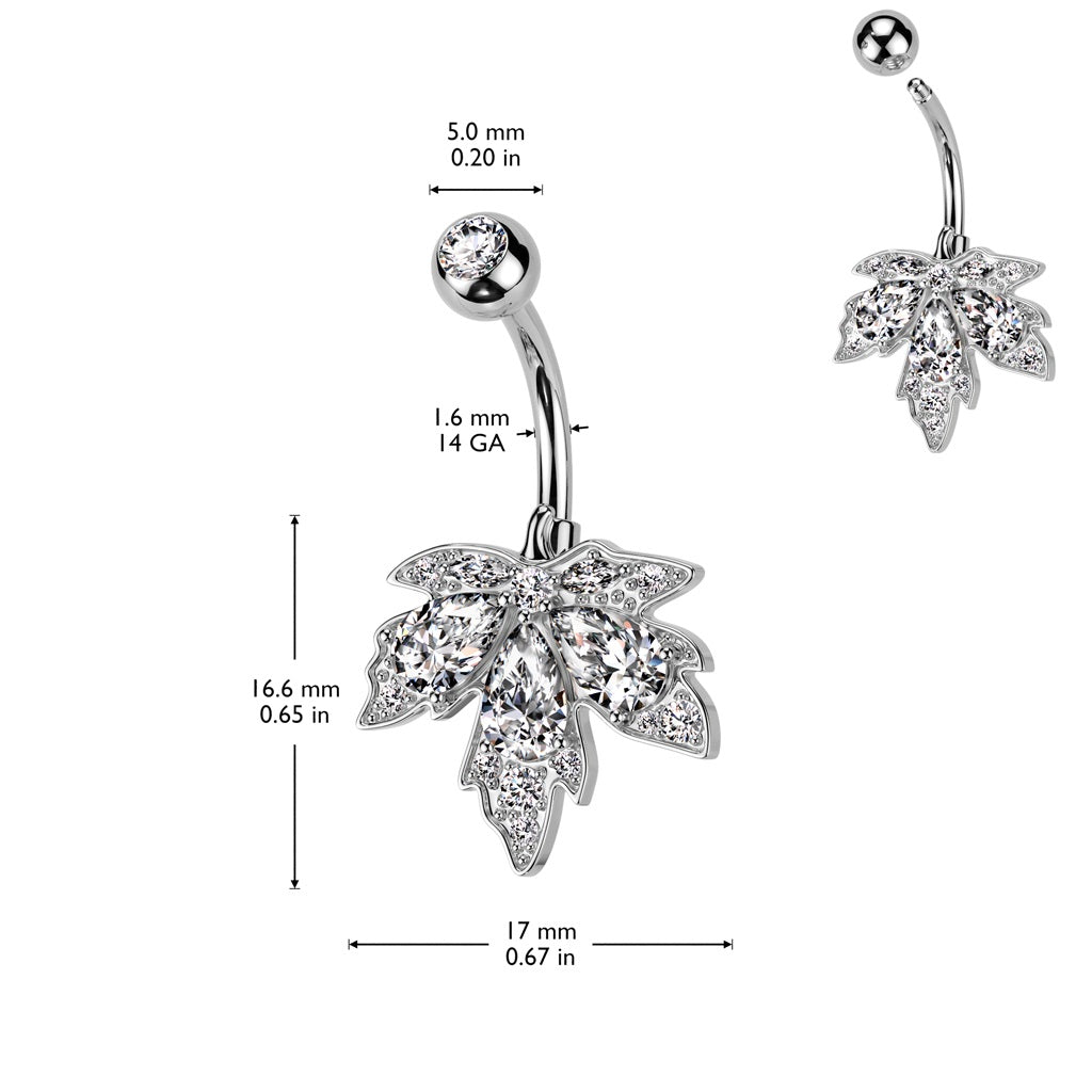 CZ Crystal Maple Leaf Belly Button Ring - 316L Stainless Steel