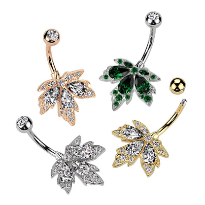 CZ Crystal Maple Leaf Belly Button Ring - 316L Stainless Steel