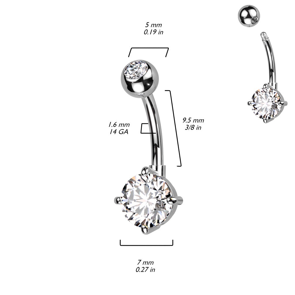 Prong Set CZ Crystal Belly Button Ring - ASTM F-136 Implant Grade Titanium