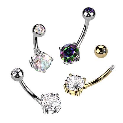 Prong Set CZ Crystal Belly Button Ring - ASTM F-136 Implant Grade Titanium