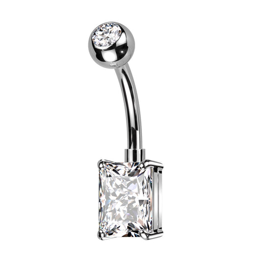 Prong Set CZ Crystal Rectangle Belly Button Ring - ASTM F-136 Implant Grade Titanium