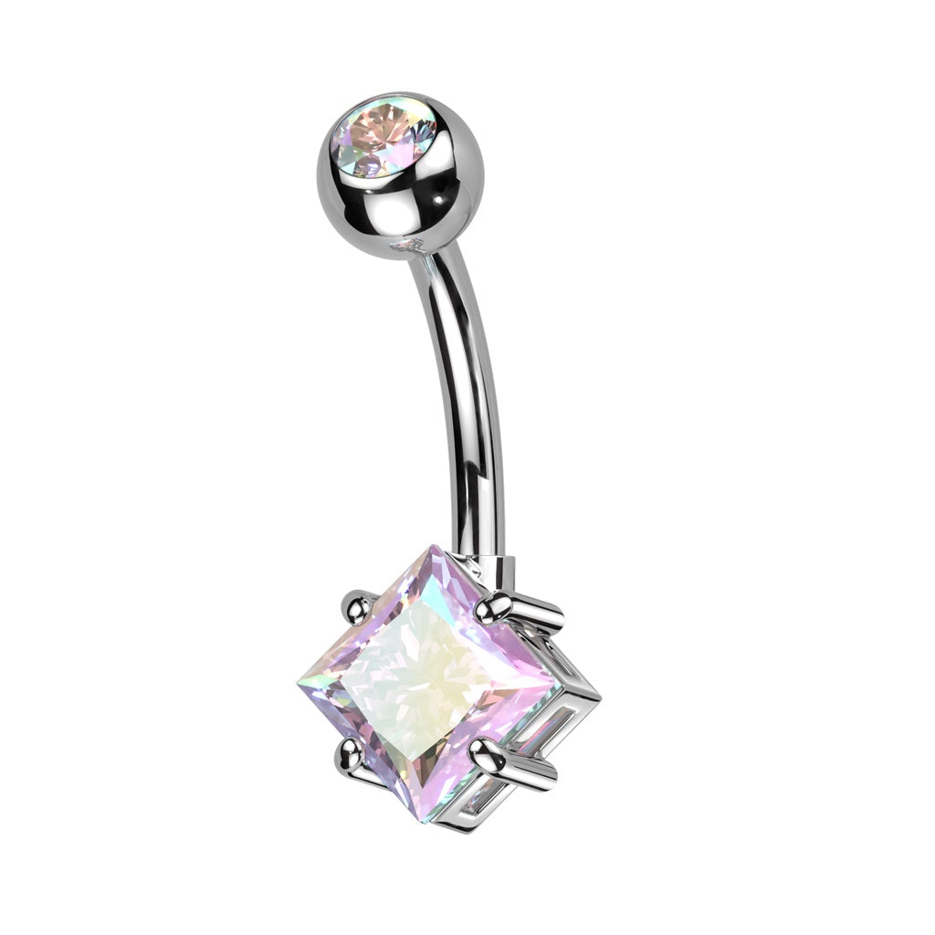 Prong Set CZ Crystal Diamond Shape Belly Button Ring - ASTM F-136 Implant Grade Titanium