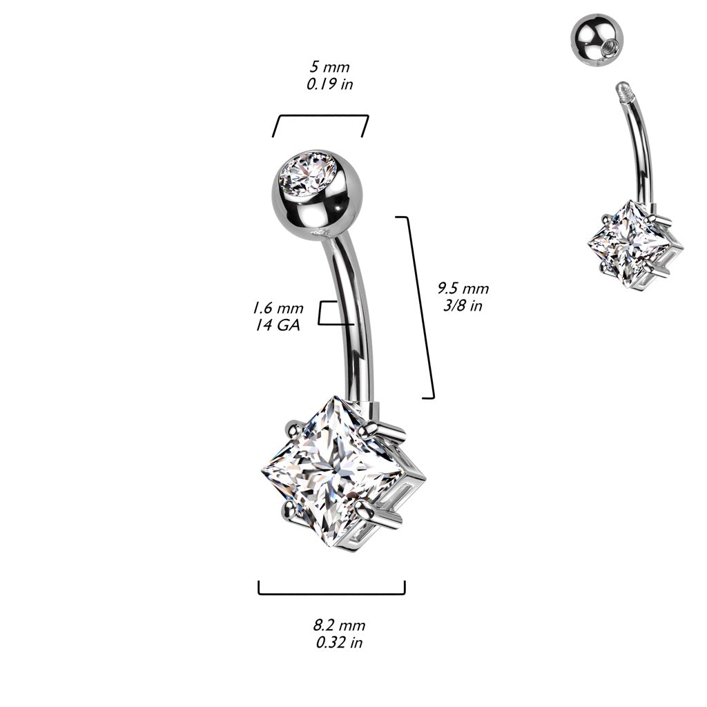 Prong Set CZ Crystal Diamond Shape Belly Button Ring - ASTM F-136 Implant Grade Titanium