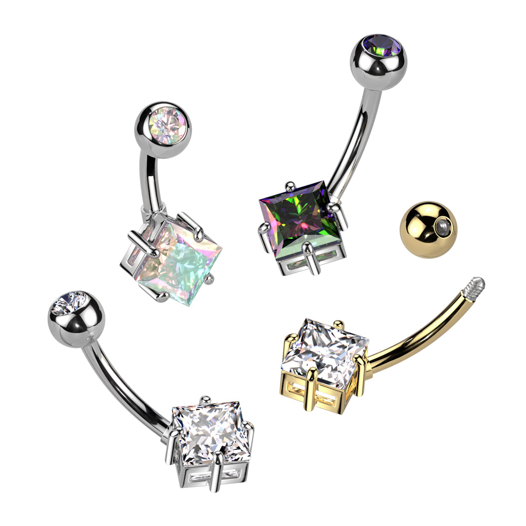 Prong Set CZ Crystal Diamond Shape Belly Button Ring - ASTM F-136 Implant Grade Titanium