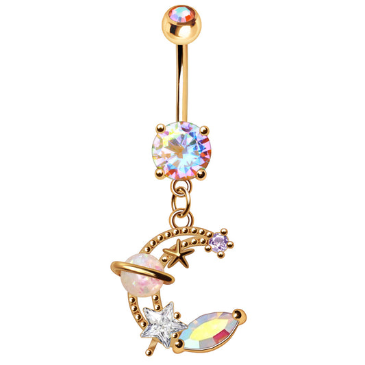 Aurora Borealis CZ Crystal Galaxy Crescent Moon Dangling Belly Button Ring - Gold Plated 316L Stainless Steel