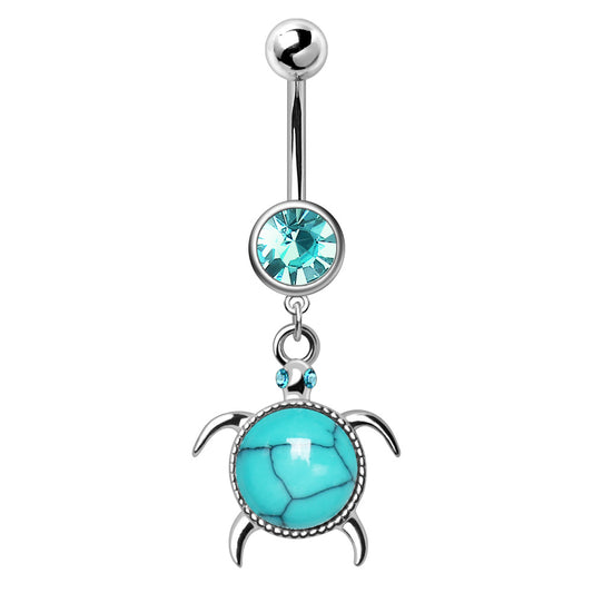 CZ Crystal and Turquoise Stone Sea Turtle Dangle Belly Button Ring - Stainless Steel