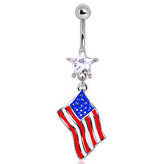 CZ Crystal Star with Dangling American Flag Belly Button Ring - 316L Stainless Steel