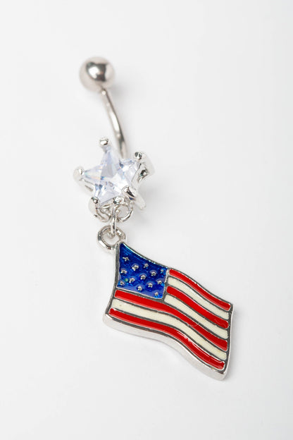 CZ Crystal Star with Dangling American Flag Belly Button Ring - 316L Stainless Steel