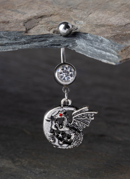 Dragon in Crescent Moon Fantasy Dangling Charm Belly Button Ring - Stainless Steel